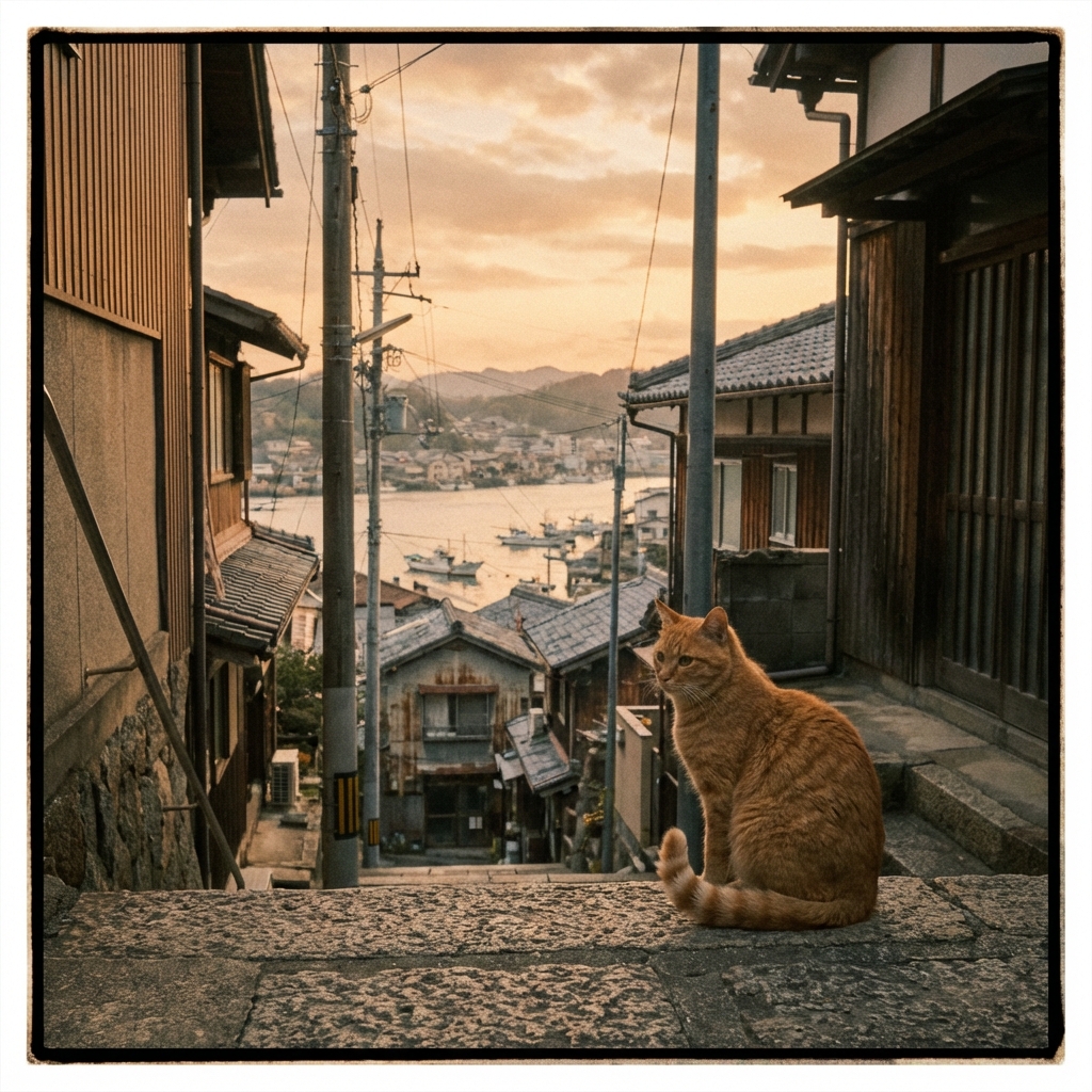 Nostalgic Onomichi cityscape with a cat