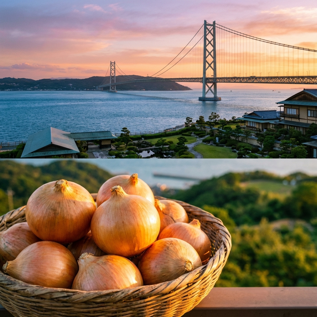 Awaji onions and Akashi Kaikyo Bridge at sunset