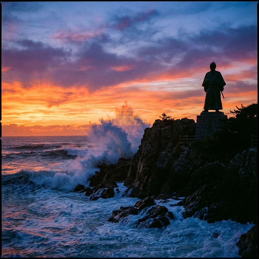 Silhouette of Ryoma Sakamoto statue at Katsurahama