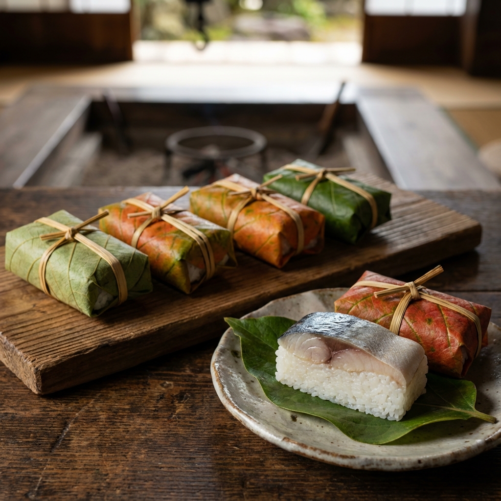 Traditional Kakinoha-sushi being served