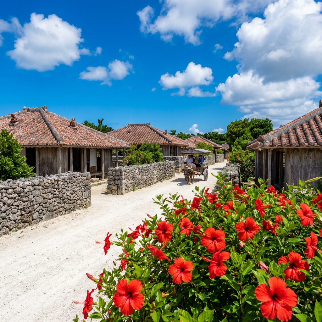 Traditional Taketomi village with hibiscus