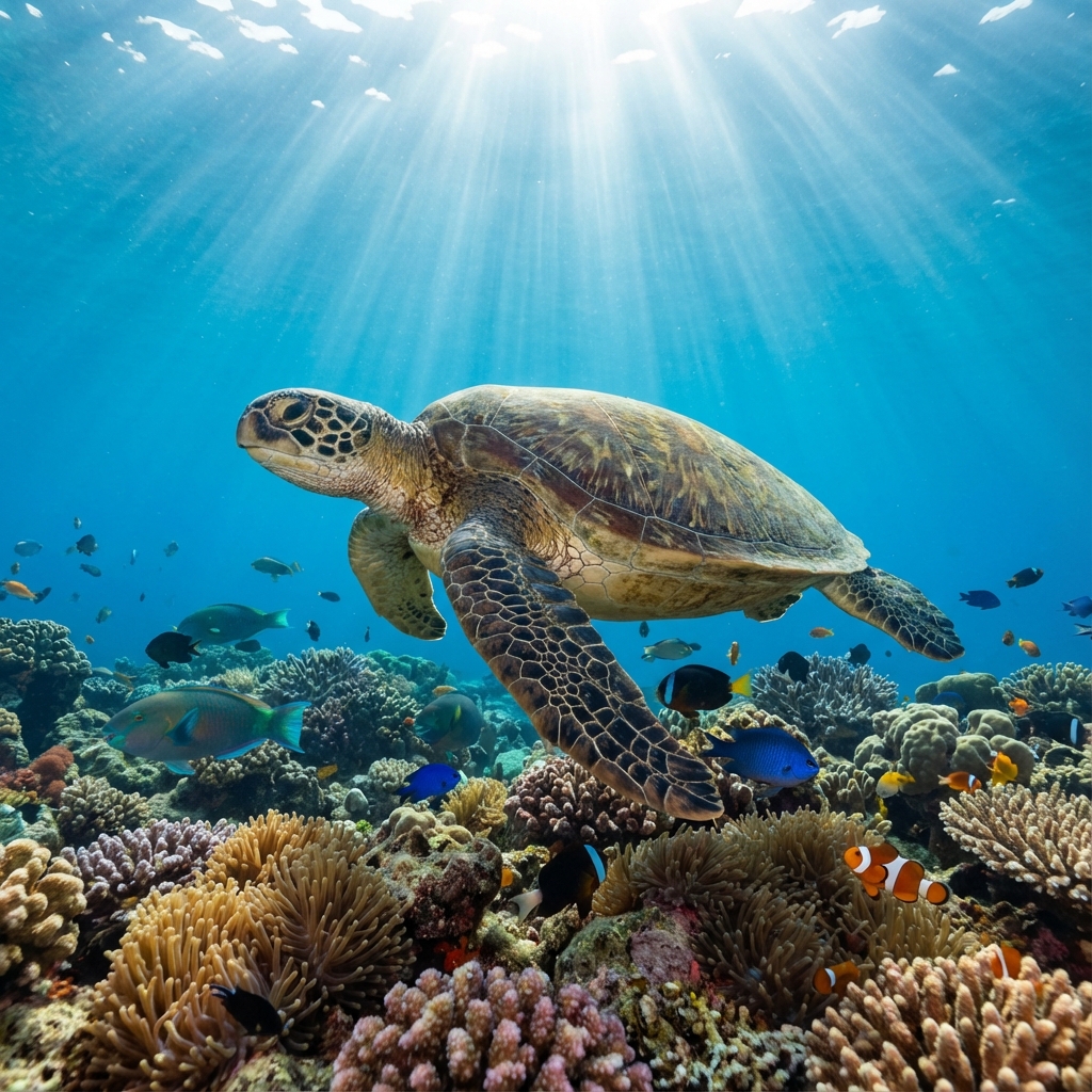 Sea turtle swimming in Kerama Blue