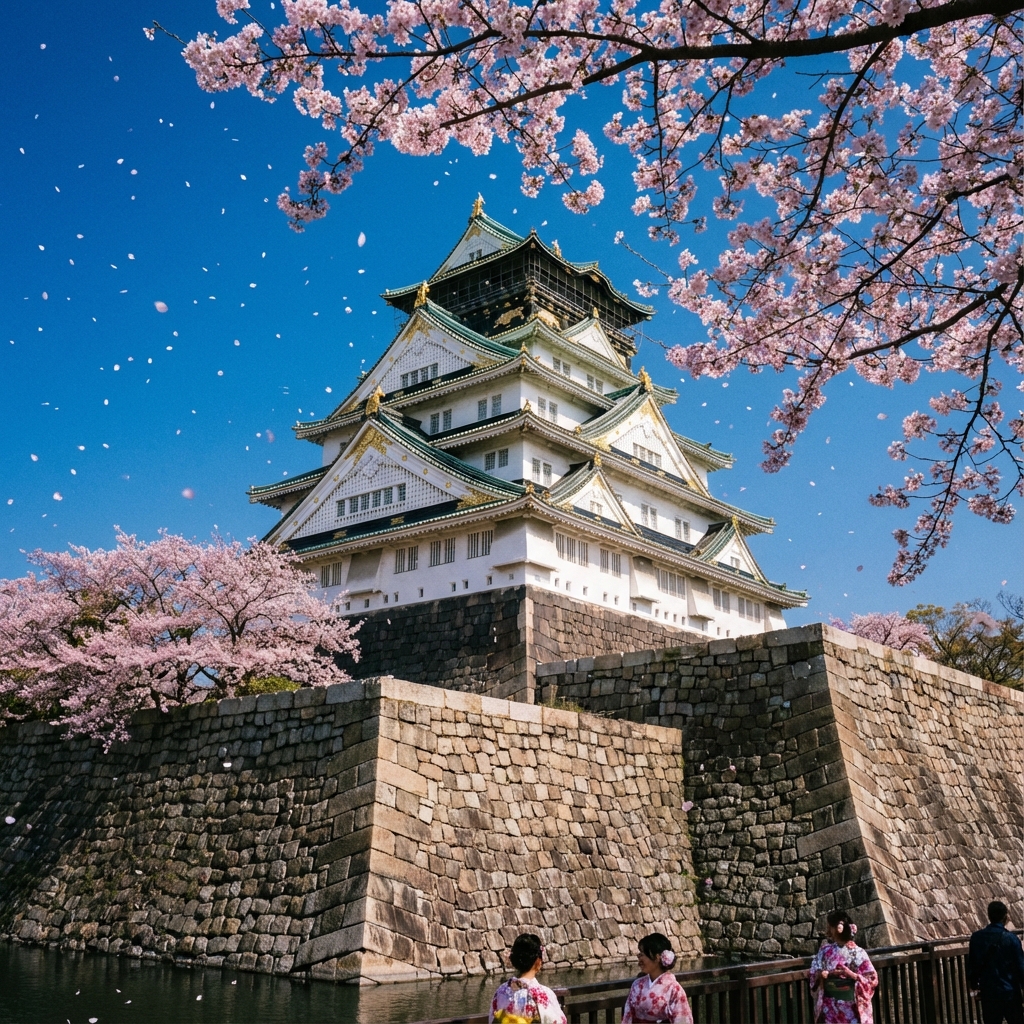 Osaka Castle with cherry blossoms