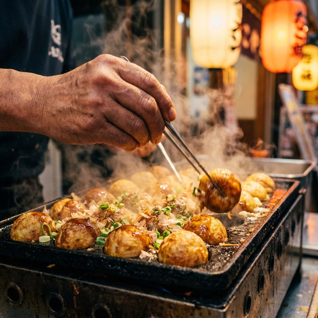 Takoyaki master cooking with steam rising